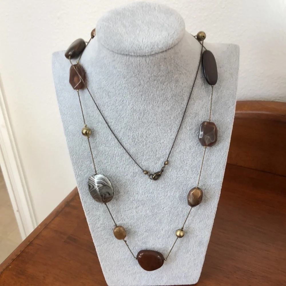 4/$20 Long Large Bead Necklace Brown and Gold Tones with Silver Tone Accent Bead